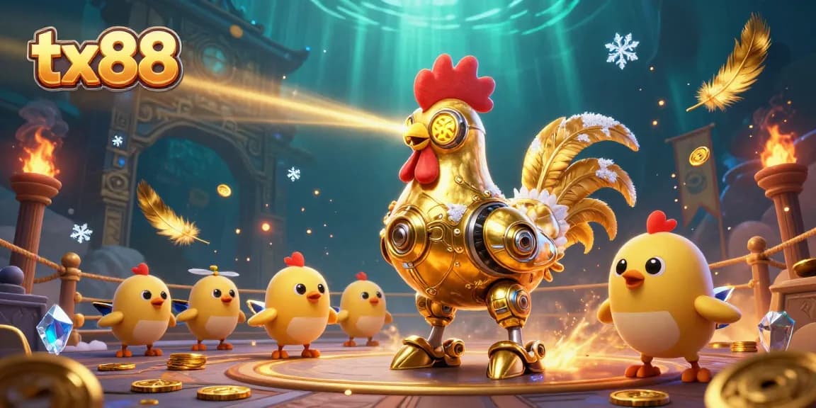 Engage with the dynamic casino world of tx88 featuring a golden rooster robot and drone chicks amidst vibrant game elements.