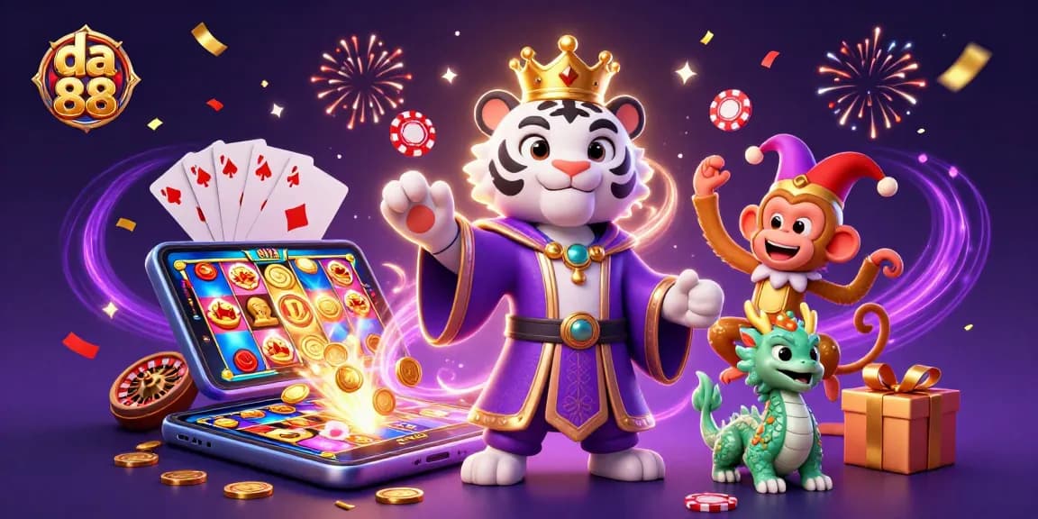Experience excitement at da 88 with a vibrant casino scene featuring a royal tiger and playful monkey!