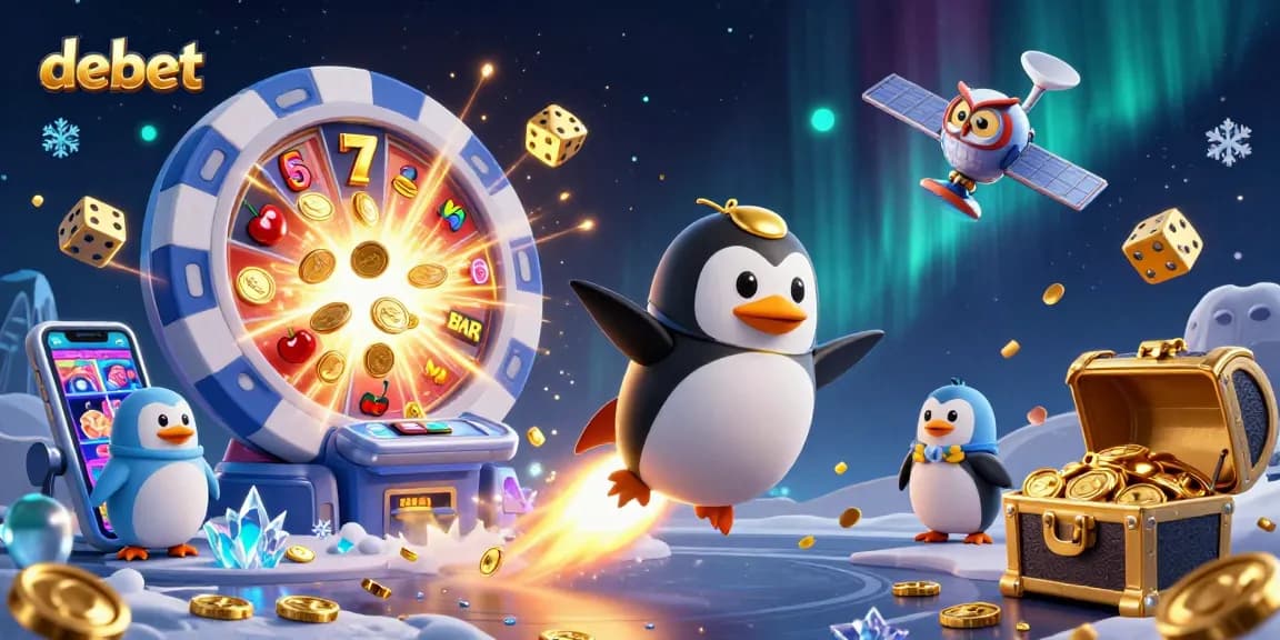 Experience thrilling casino adventures with debet, featuring a rocket-powered penguin amidst dynamic slots and vibrant imagery.