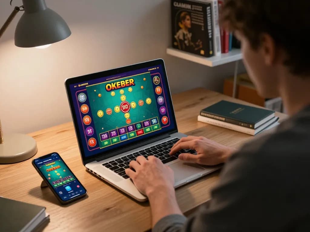 Engaging in an oxbet game on a laptop in a cozy home office atmosphere, showcasing strategic gameplay.