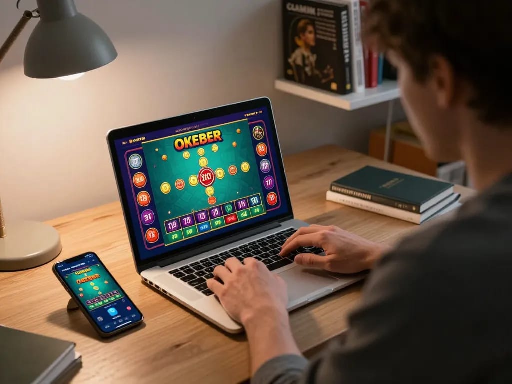 Engaging in an oxbet game on a laptop in a cozy home office atmosphere, showcasing strategic gameplay.