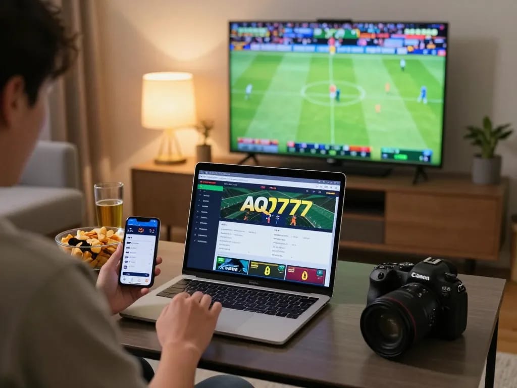 Pessoa participando de apostas esportivas ao vivo na AQ777 através de laptop e smartphone em um ambiente aconchegante em casa.