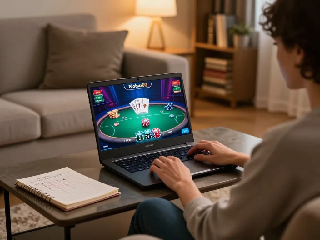 Nohu90 player enjoying online poker game on laptop in cozy home setup with strategic notes.