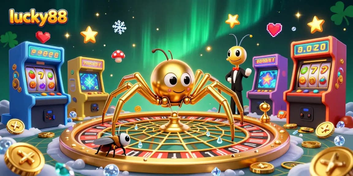 Spin the reels in lucky88 as a golden spider crafts a roulette web, surrounded by vibrant casino fun.