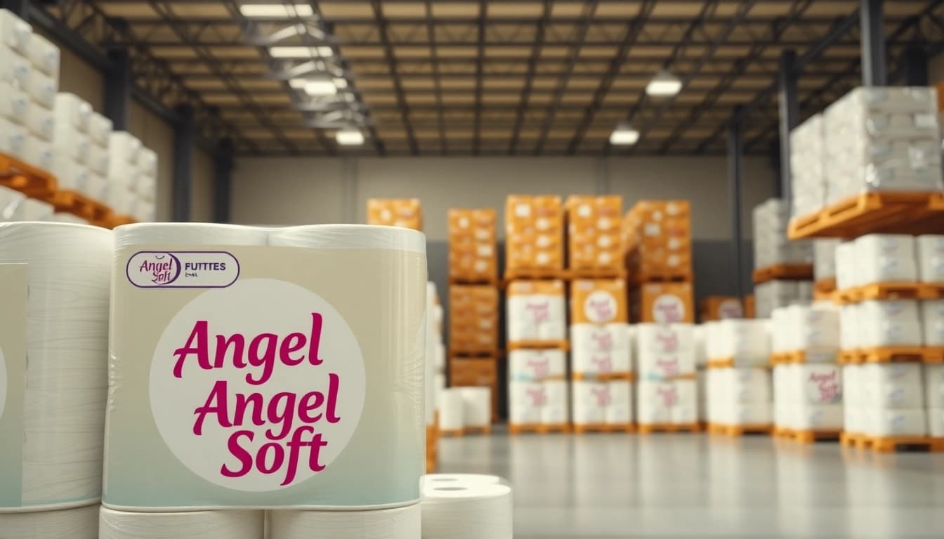 Showcase of Angel Soft Toilet Paper Pallets in a well-organized warehouse setting