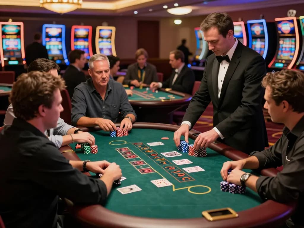 Players strategizing at the 33nn blackjack table, showcasing excitement and engagement in a luxurious casino setting.