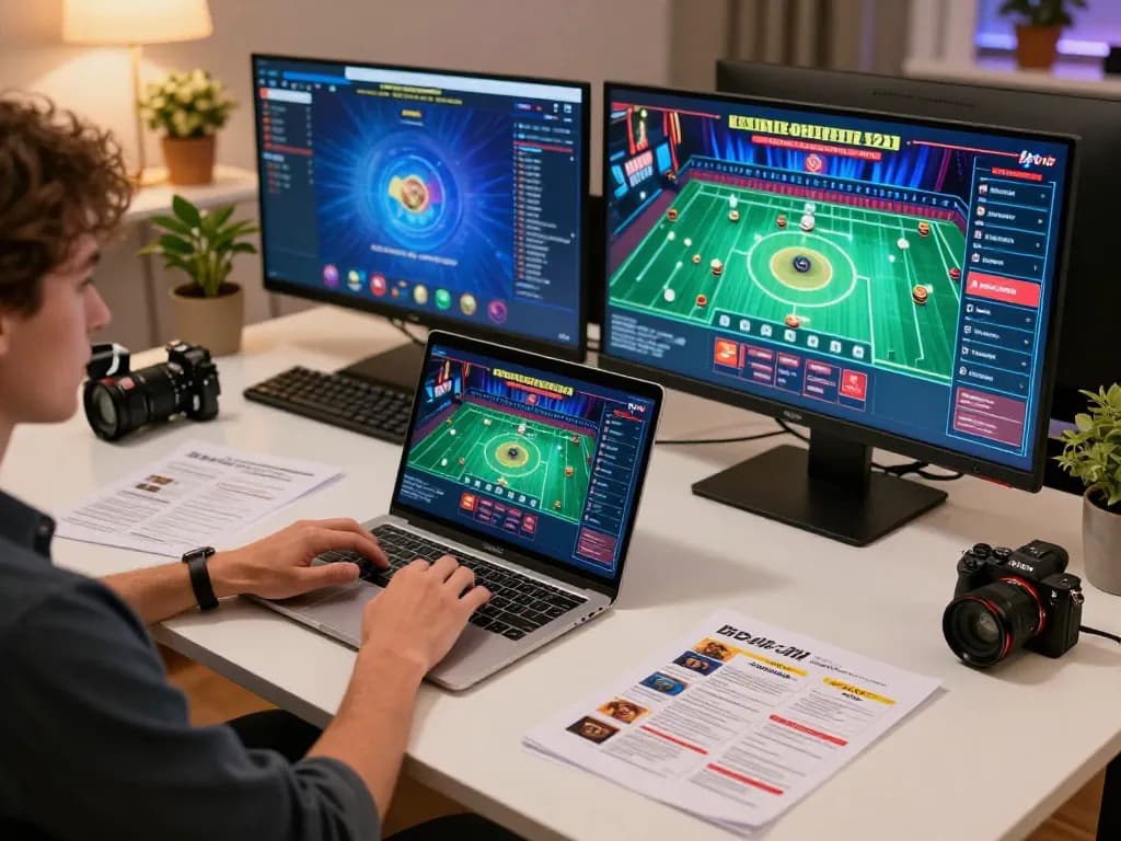 Person playing on 22ff online casino, engaging in a live dealer game on a laptop with strategic notes