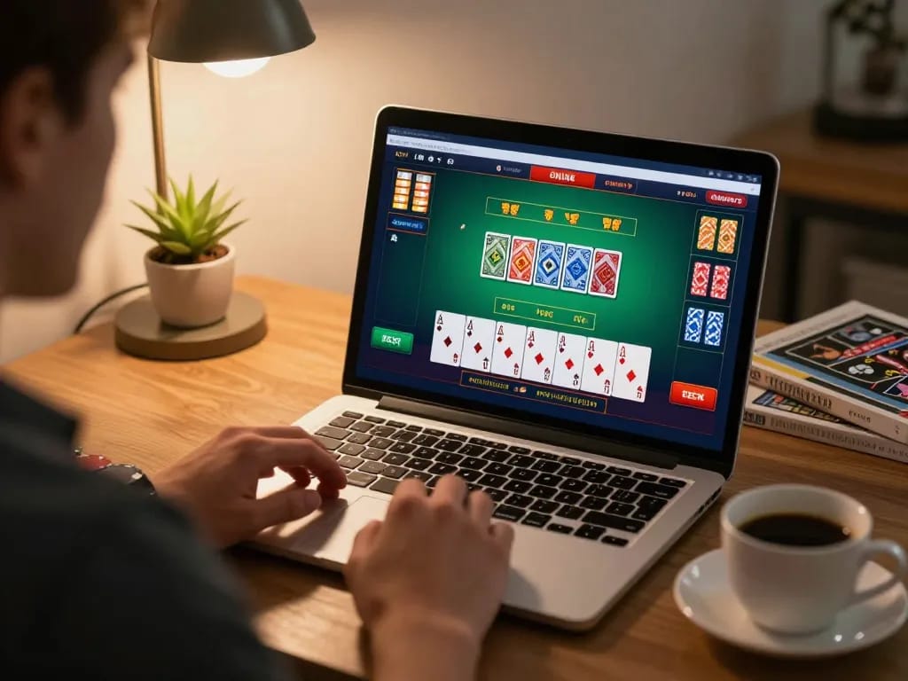 Jogador curtindo blackjack no laptop em casa, mostrando a interface de jogo da 12bet Brasil e estratégia.