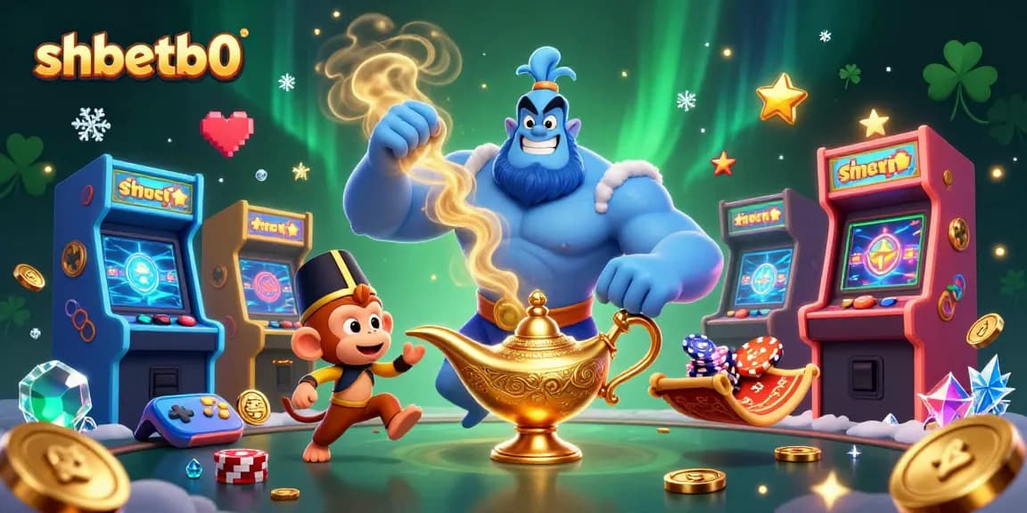 Experience shbetb0's thrilling casino atmosphere with a 3D genie and colorful game elements.