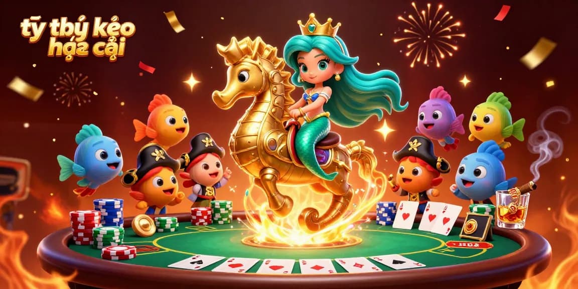 Experience the thrill of tỷ lệ kèo nhà cái while enjoying colorful cartoon characters in an immersive casino illustration.
