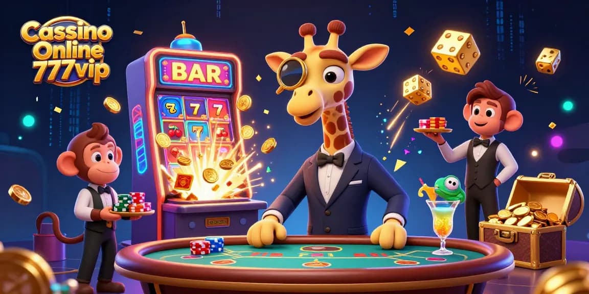 Experience the excitement of Cassino Online 777vip with a vibrant 3D casino scene featuring thrilling games and characters.