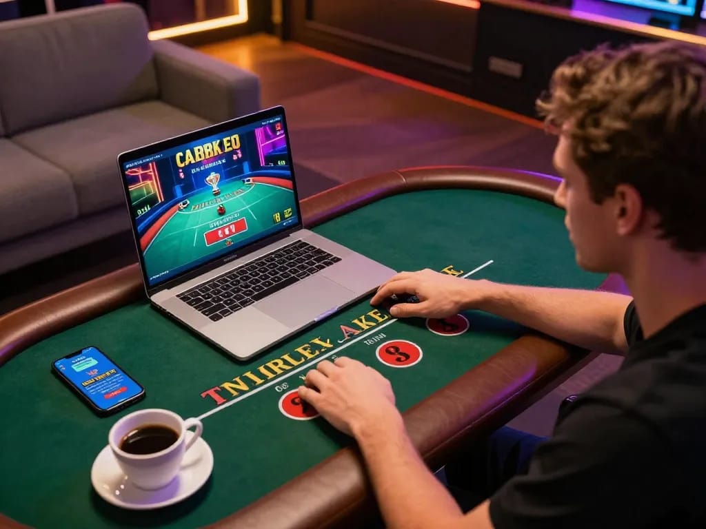 Player enjoying live dealer blackjack on laptop, featuring 27G online gaming experience in a cozy setting