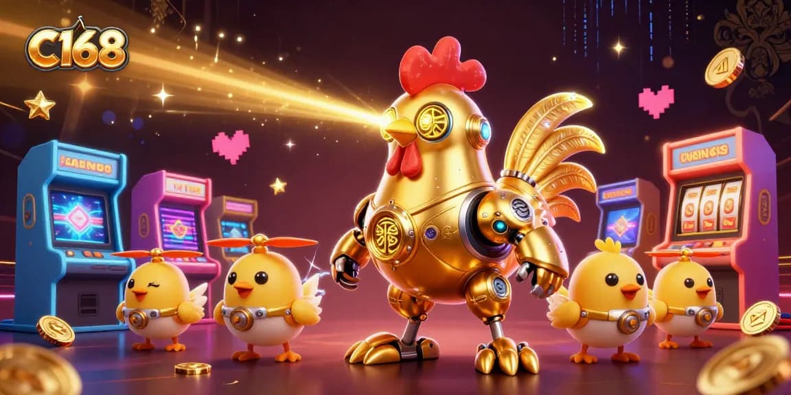 C168's golden rooster robot dominates the casino with energetic gaming visuals and colorful arcade elements.