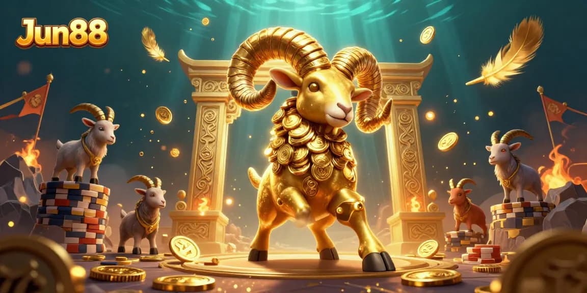 Experience gaming excitement with Jun88 as a golden ram charges through a vibrant casino scene.