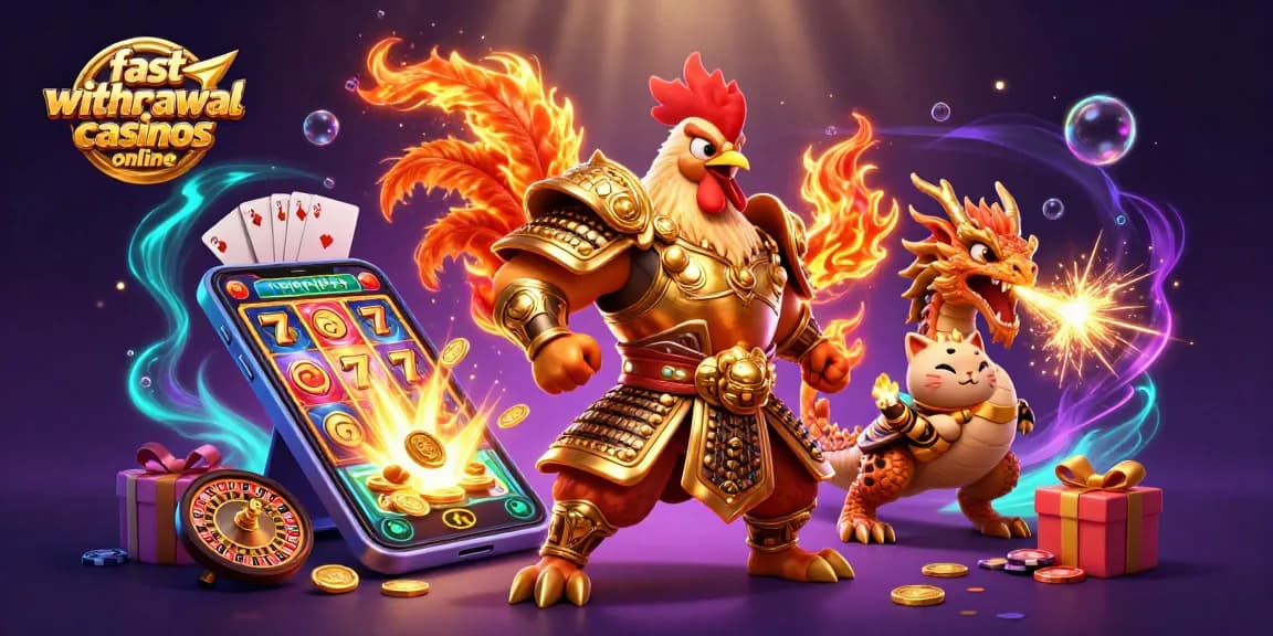 Immerse in the world of fast withdrawal casinos online with an epic 3D cartoon scene of a warrior rooster and dragon.