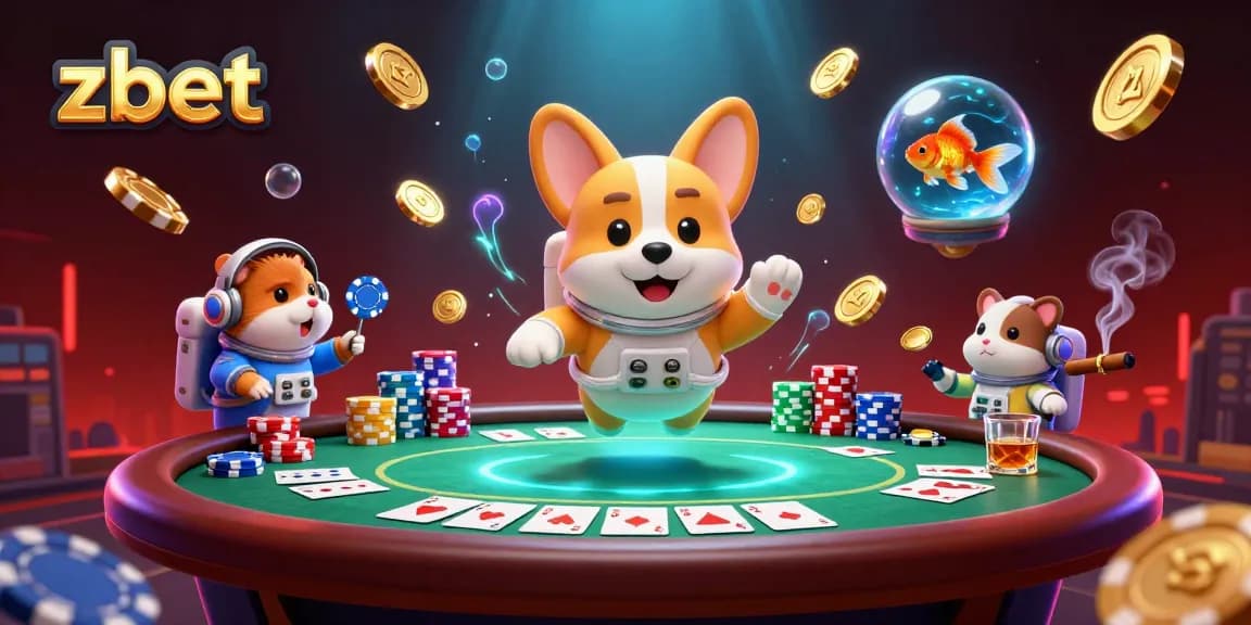 zbet online poker scene featuring a floating corgi astronaut, chips, and a mission-control hamster