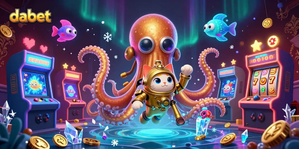 Engage with dabet's vibrant gaming scene featuring a colossal kraken and thrilling casino elements.