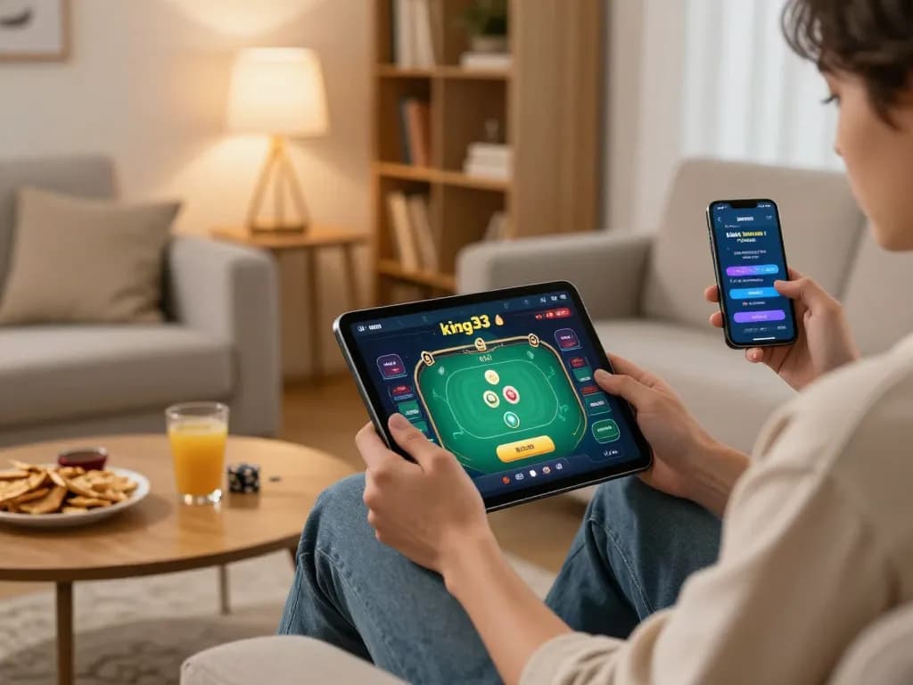 Engaging with king33 mobile app during an exciting online gambling session, showcasing dynamic gameplay on a tablet.