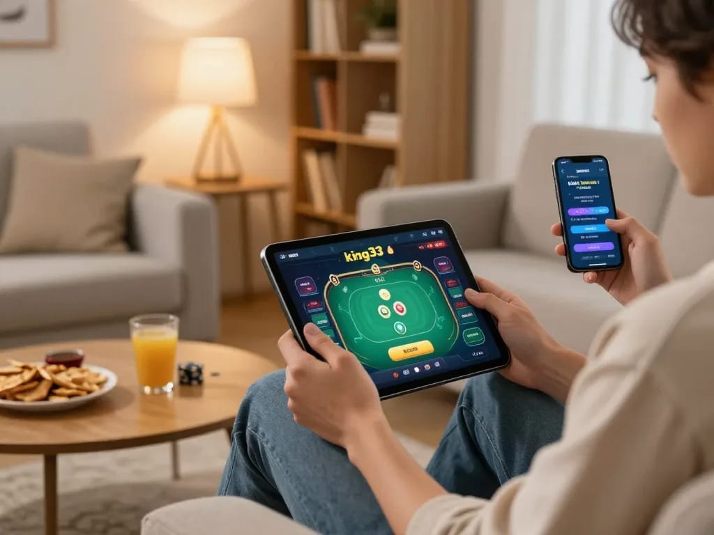 Engaging with king33 mobile app during an exciting online gambling session, showcasing dynamic gameplay on a tablet.