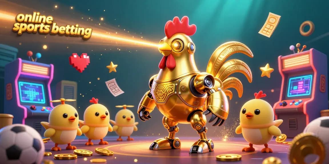 Engage in online sports betting with a colorful, vibrant illustration featuring a golden rooster robot shooting laser beams and baby chick drones in a dynamic setting.