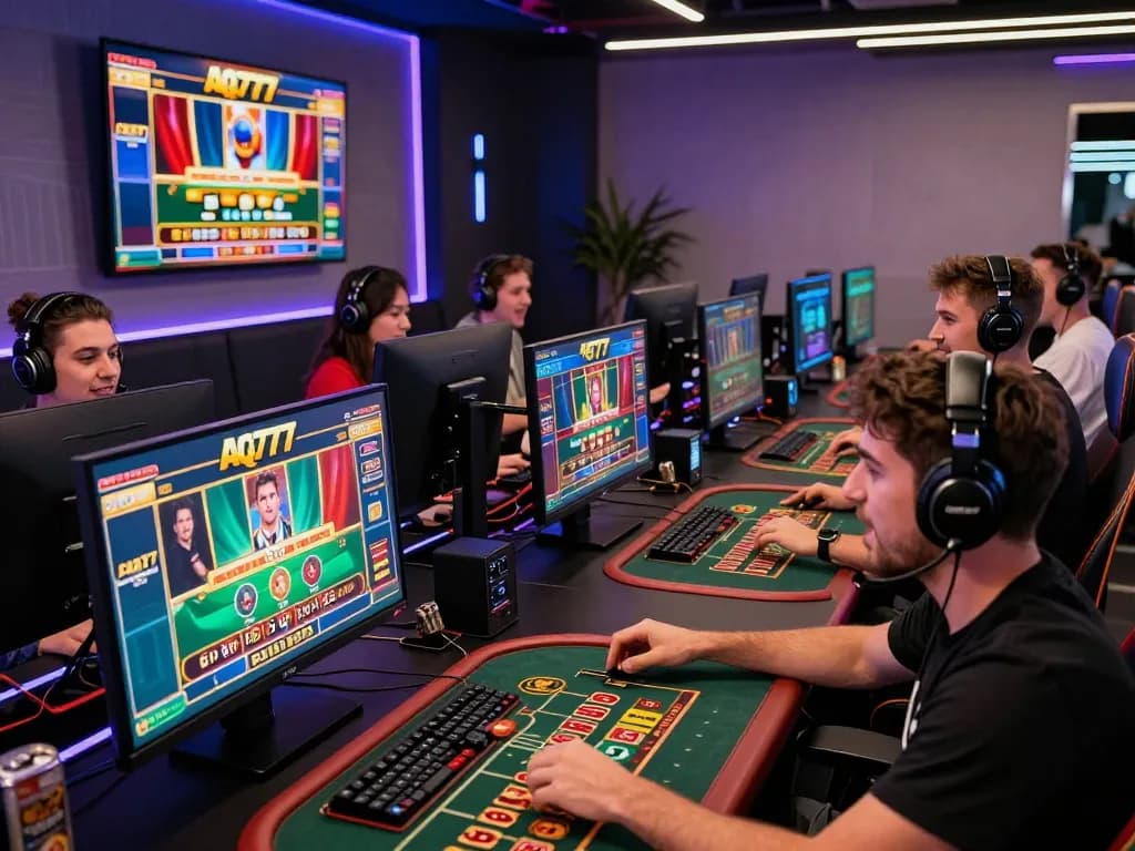 Exciting online gaming atmosphere on AQ777 with players at live casino tables.