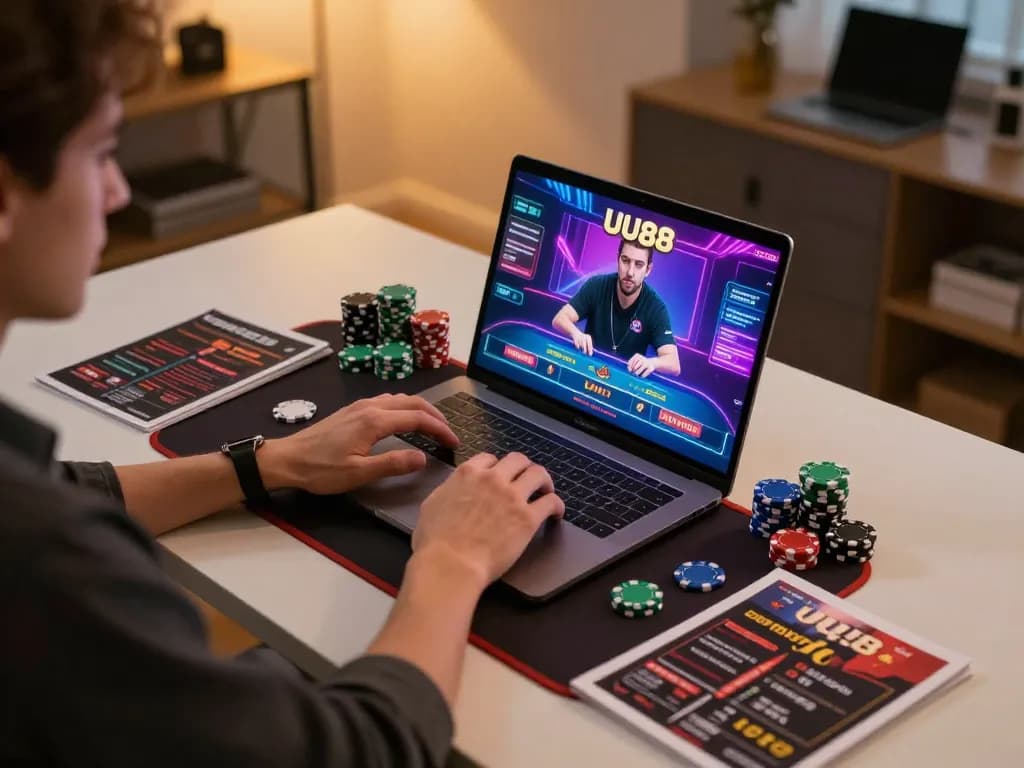 Engaging gameplay on UU88 with a focused user at home, showcasing online casino strategy.