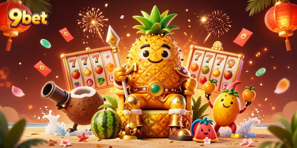 Win big with 9bet's vibrant casino scene featuring a golden pineapple king and dynamic elements.