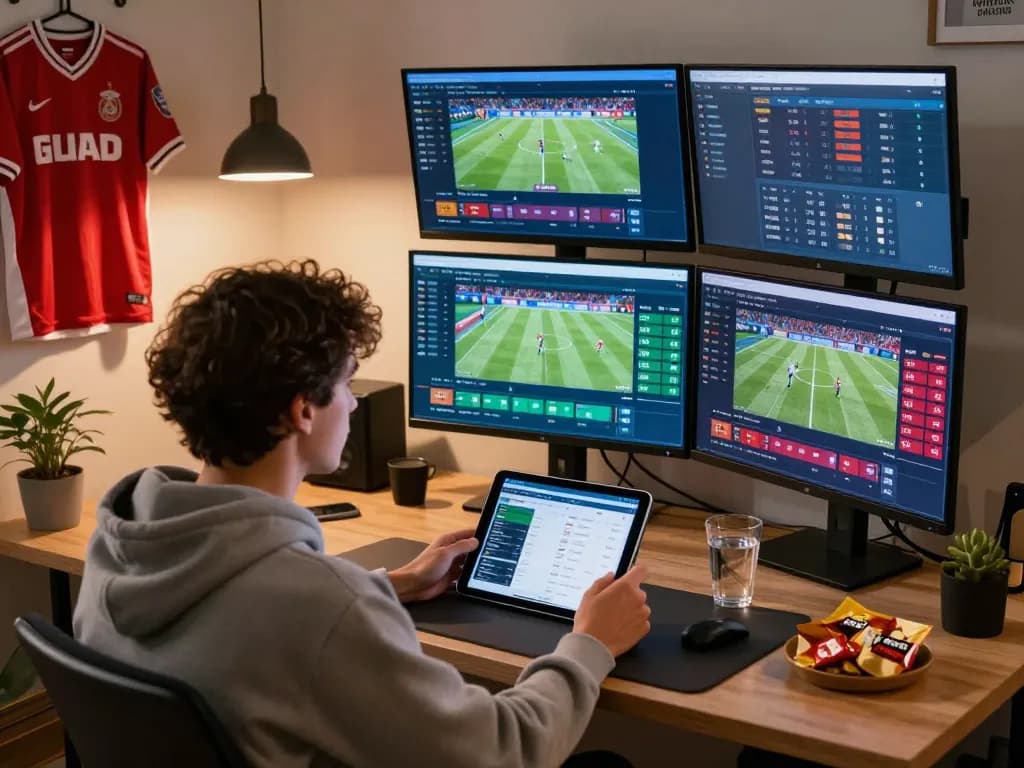 Engaging in soi kèo bóng đá analysis while betting on live sports matches online in a stylish home office.
