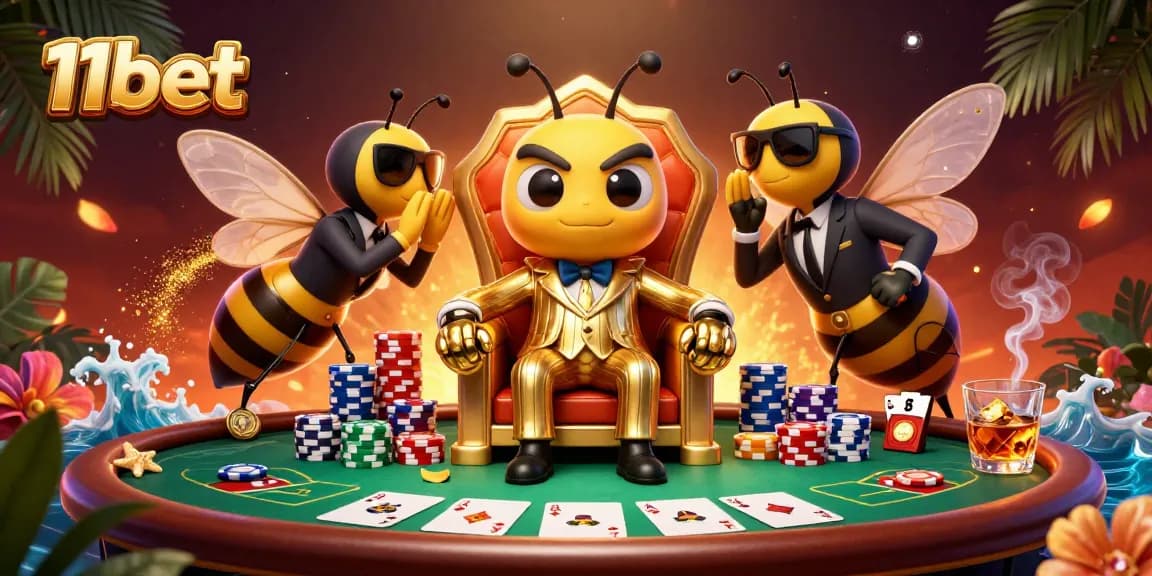 Experience the thrill of 11bet's casino scene with a cartoon mob boss and vibrant poker elements.