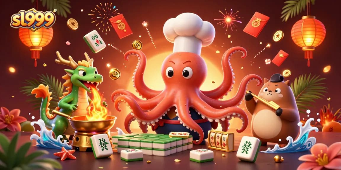 Ganhe com sl999 enquanto um chef polvo e um dragão preparam pratos de ouro e slots!