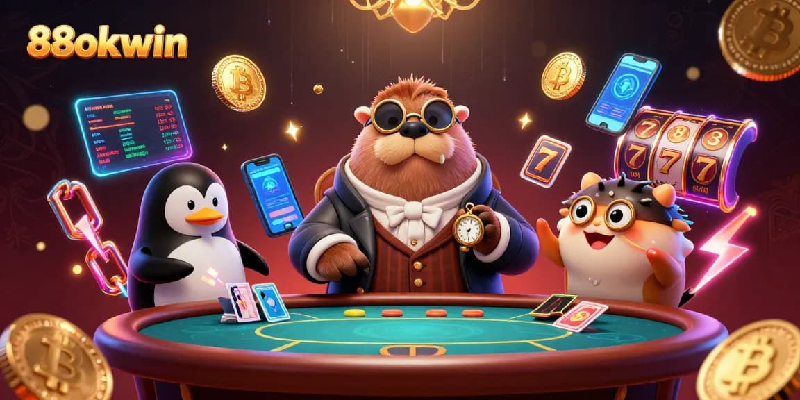 Experience the thrill of 88okwin with a jolly walrus playing poker underwater amidst Bitcoin and Ethereum coins.