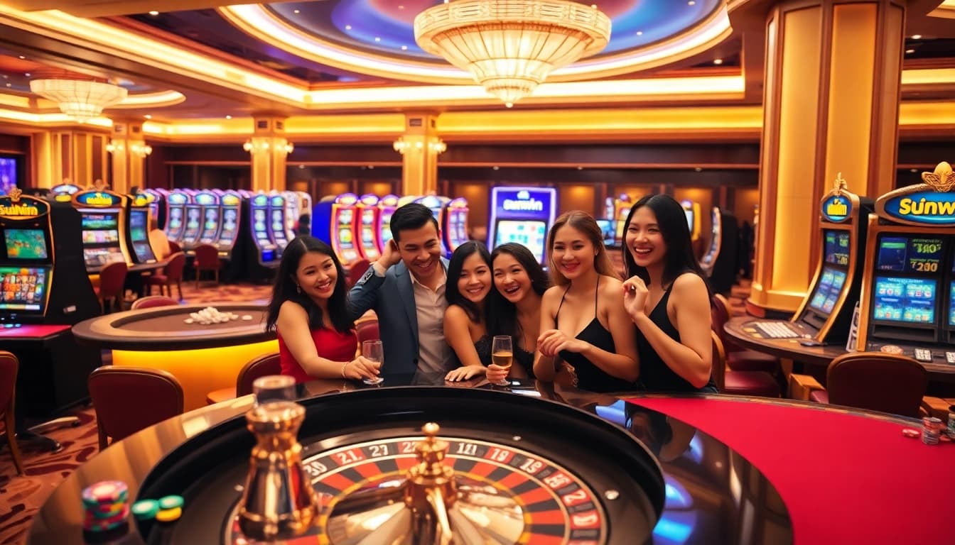 Players experiencing a thrilling win at a sunwin-themed casino table filled with colorful chips and dice.