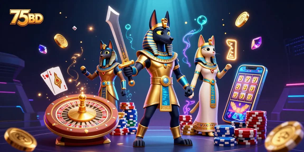 Experience thrilling gaming at 75BD with Anubis in a vibrant casino scene filled with gold and jewels.