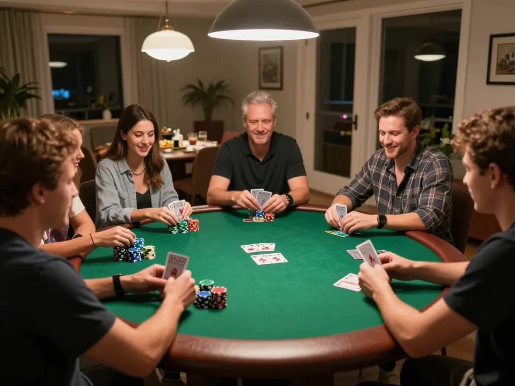 Friends enjoying an engaging poker night at home with premium green felt and vibrant chips, showcasing C168 game spirit.