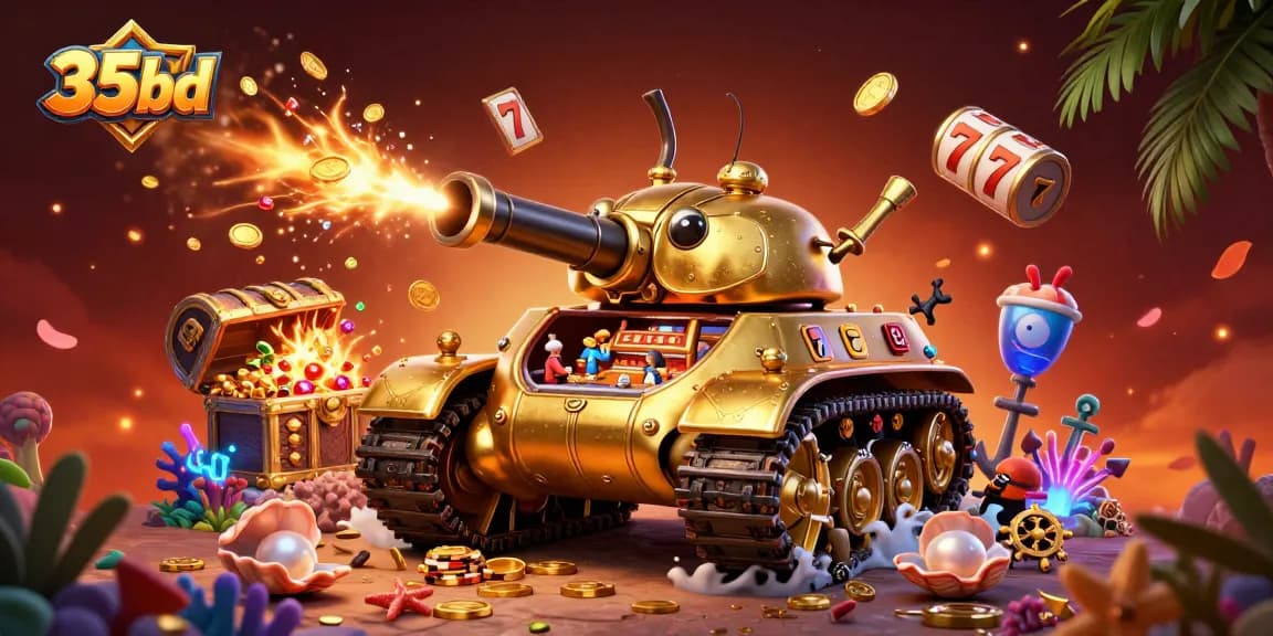 Experience the excitement of 35bd casino gaming with a dynamic 3D illustration featuring a golden beetle tank.