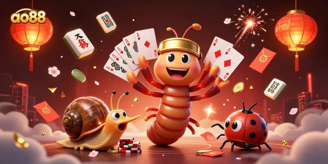 Experience excitement at ao88 with a 3D cartoon millipede dealer managing cards in a vibrant casino scene.