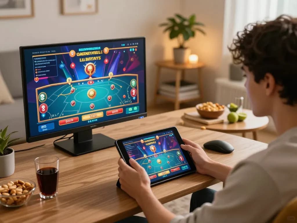 Engaging in online gaming with 688vbest on a tablet at home, showcasing a vibrant casino interface.