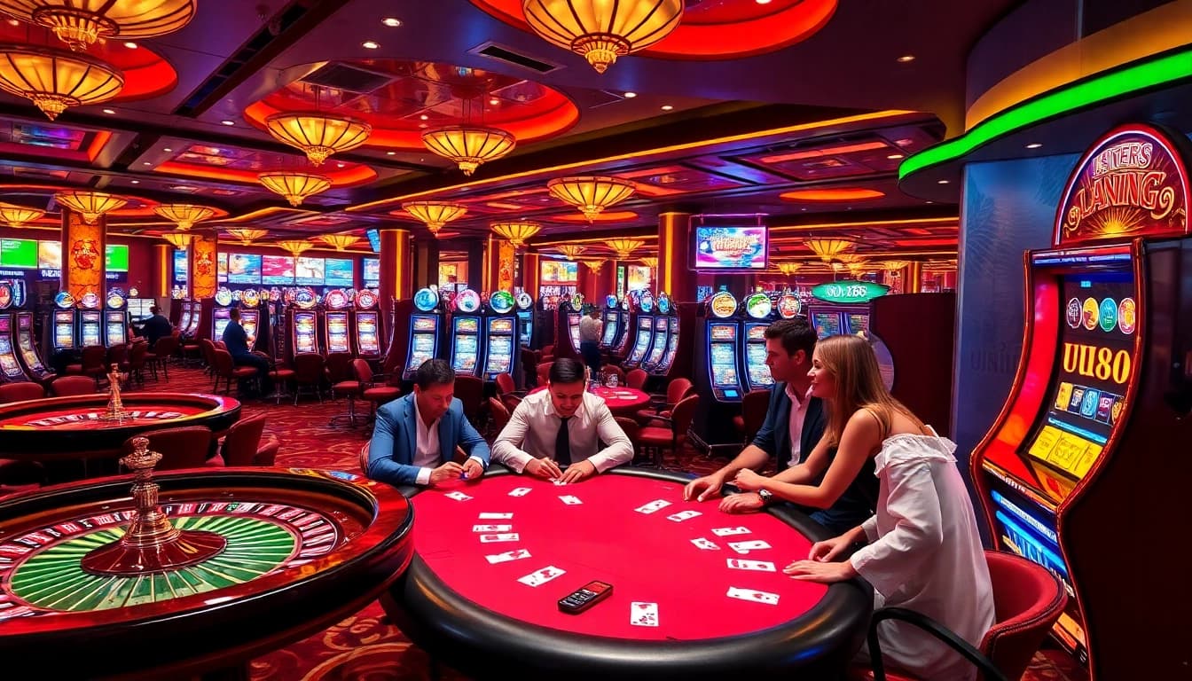 Experience the excitement of uu88 with high-stakes poker and vibrant slot machines in a luxury casino.