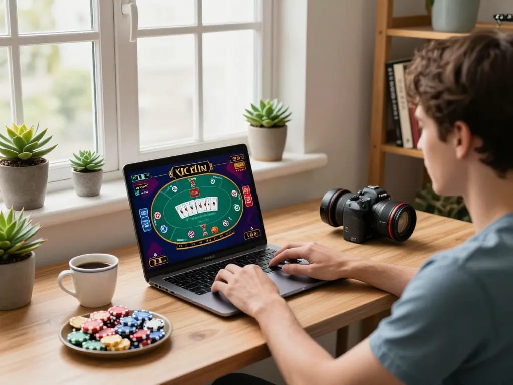Engaging in responsible online gaming, đăng ký kjc on a laptop with vibrant casino interface and cozy decor.