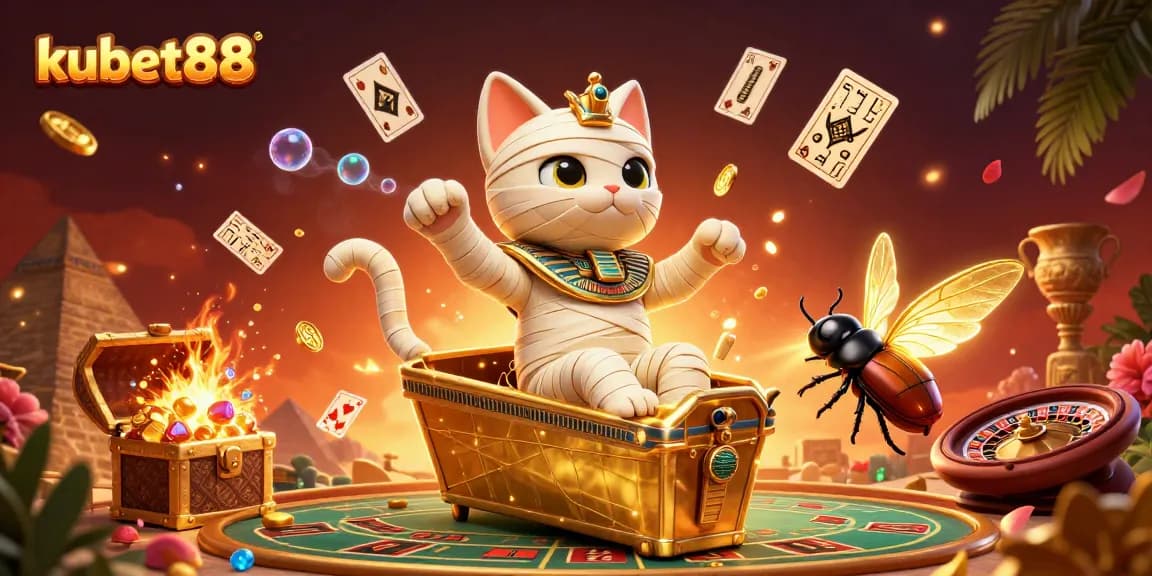 Experience thrilling gameplay at kubet88 with a vibrant 3D casino scene showcasing Egyptian themes, roulette, and treasures.