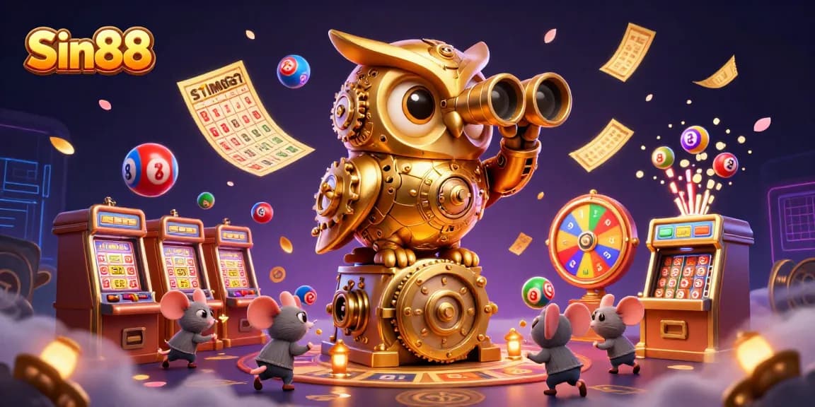 Engage with thrilling Sin88 gaming opportunities, featuring a vibrant casino scene with golden owl and bustling patrons.