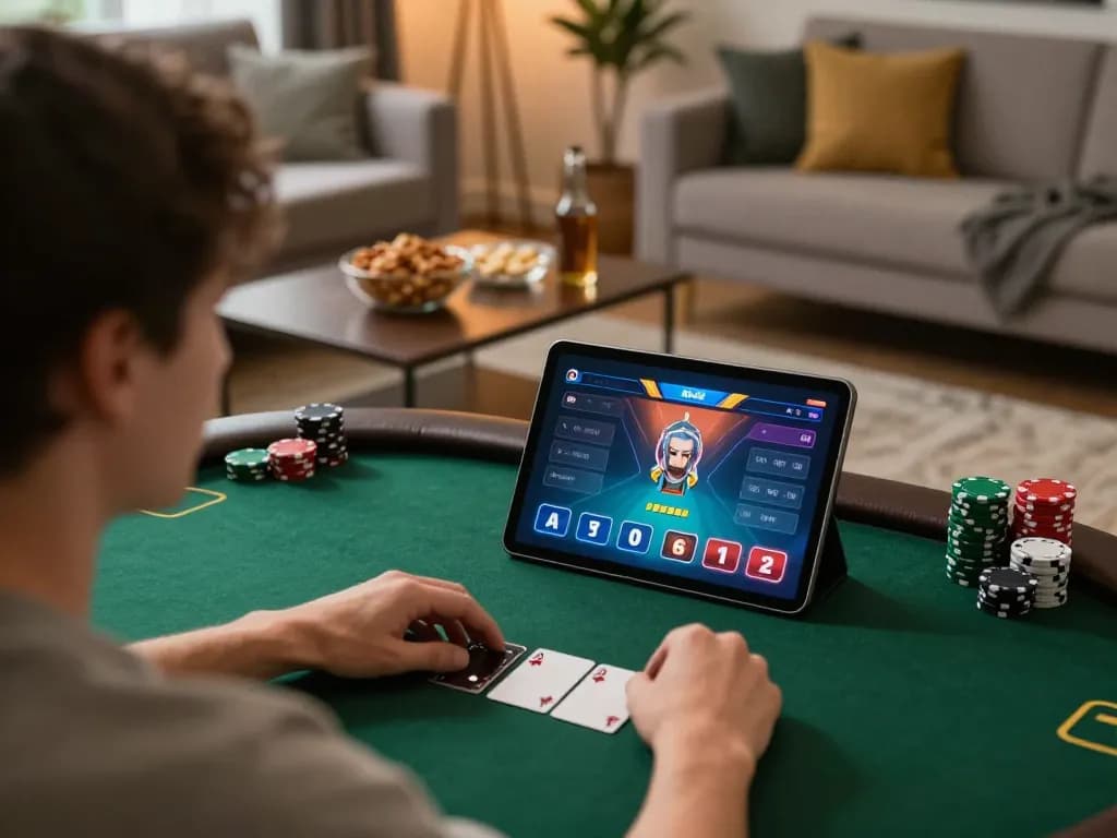 rikvip player enjoying a strategic poker game on tablet in cozy living room.