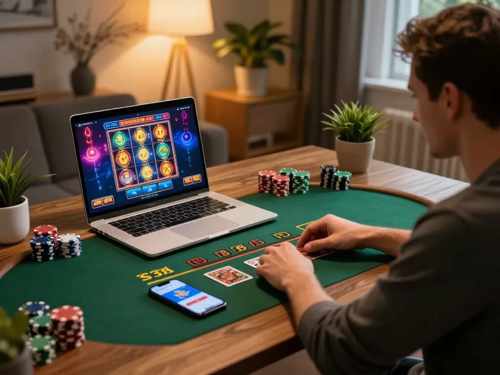 x333 app displayed on a laptop during an engaging online gambling session with betting chips nearby.