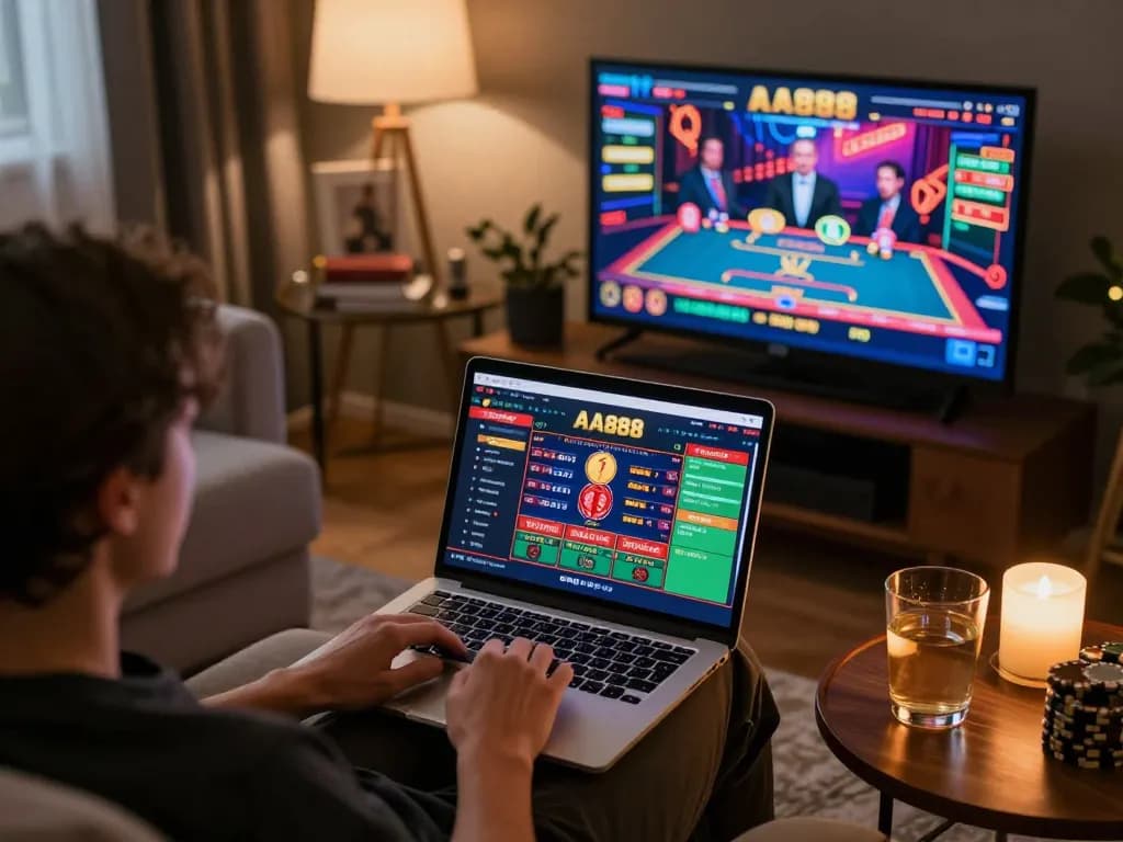 Engaging in online sports betting on AA888 while planning strategies at home, creating a comfortable gambling experience.