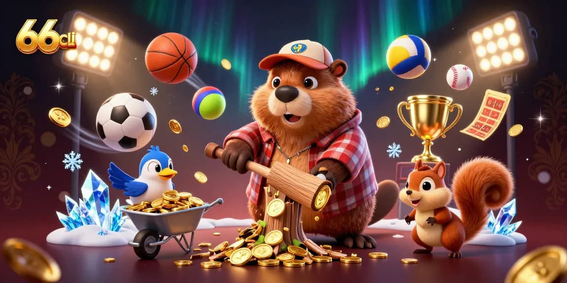 Engage with winning strategies at 66club, featuring a vibrant casino scene with playful characters.