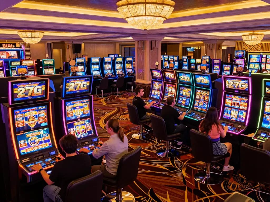 Players enjoying exciting slot games at 27G casino, vibrant lights shining in the background.