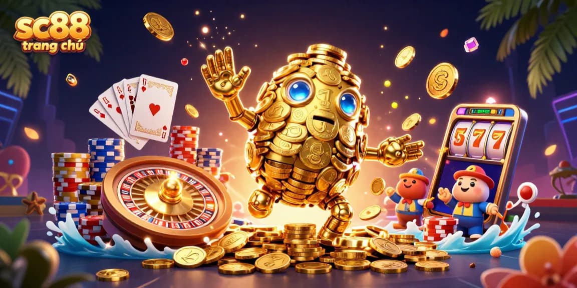 Experience the vibrant world of sc88 trang chủ with a dynamic casino illustration featuring gold coins and game elements.