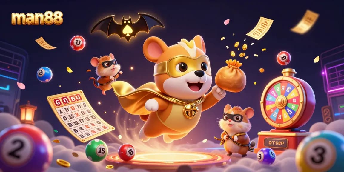 Join man88's thrilling adventure with a superhero dog flying amid vibrant casino games and lottery elements.