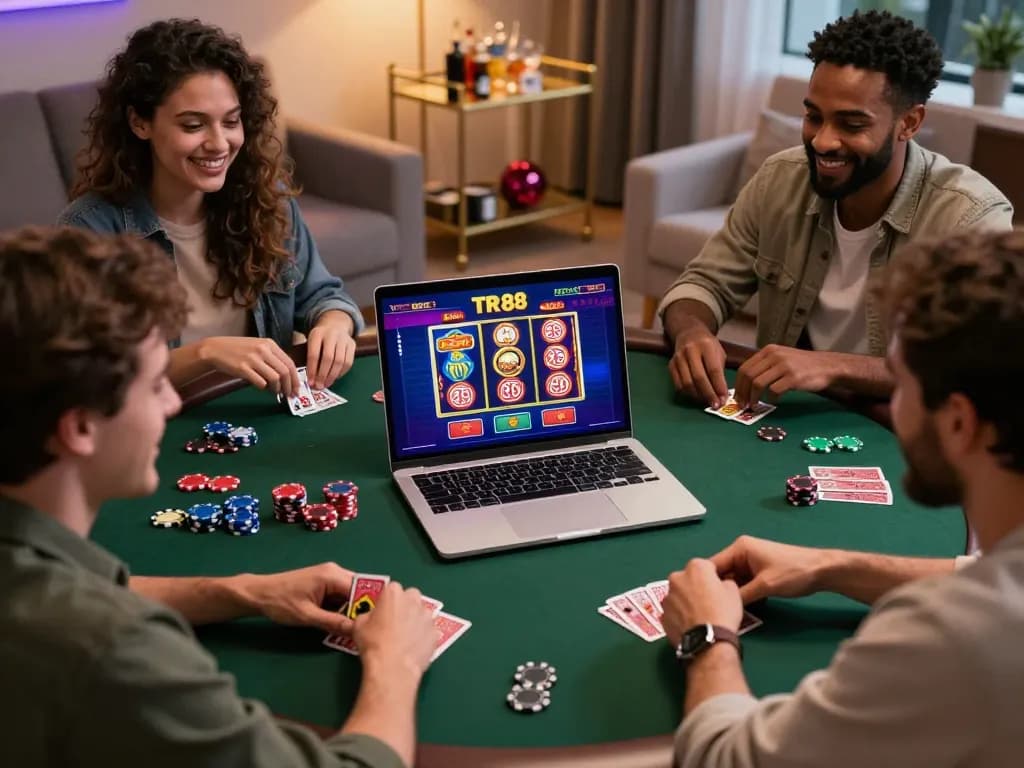 Exciting online casino gaming scene featuring TR 88 interface on laptop with enthusiastic players and vibrant gaming accessories.
