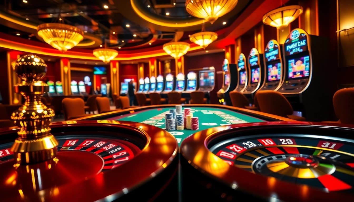 Bet 88 players engaging in exciting games at a luxurious casino table with vibrant poker chips.